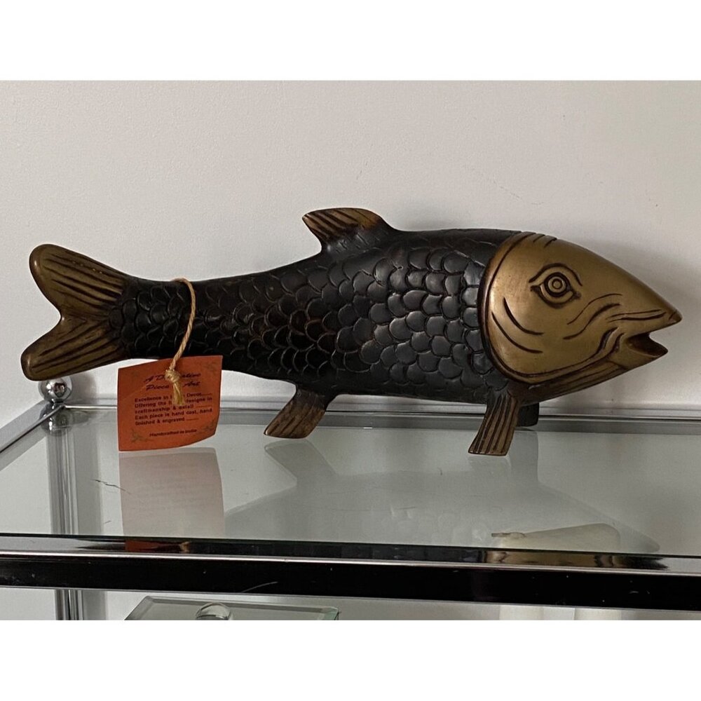 Handcrafted Brass & Black Fish Sculpture 12" Decorative Accent From India